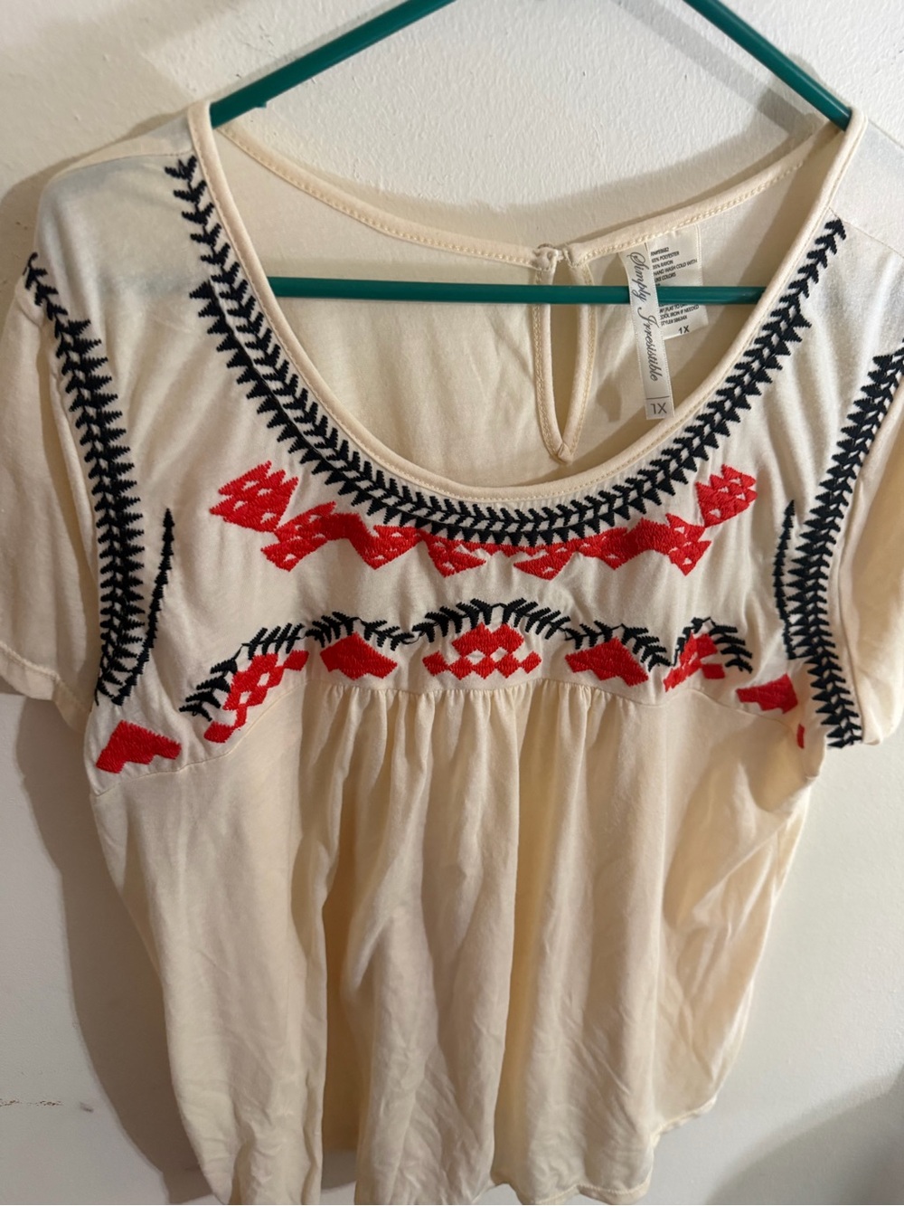 Simply Irresistible Size 1x Cream Peasant Top with Red & Black Embroidery